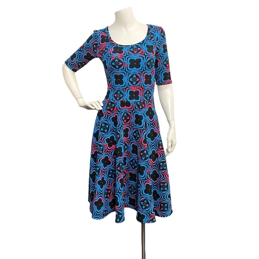 Lularoe BLUE PINK BLACK Fit Flare Circle XS Dress